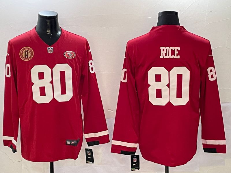 Men San Francisco 49ers #80 Rice Red long sleeve 2024 Nike NFL Jersey style 01044
